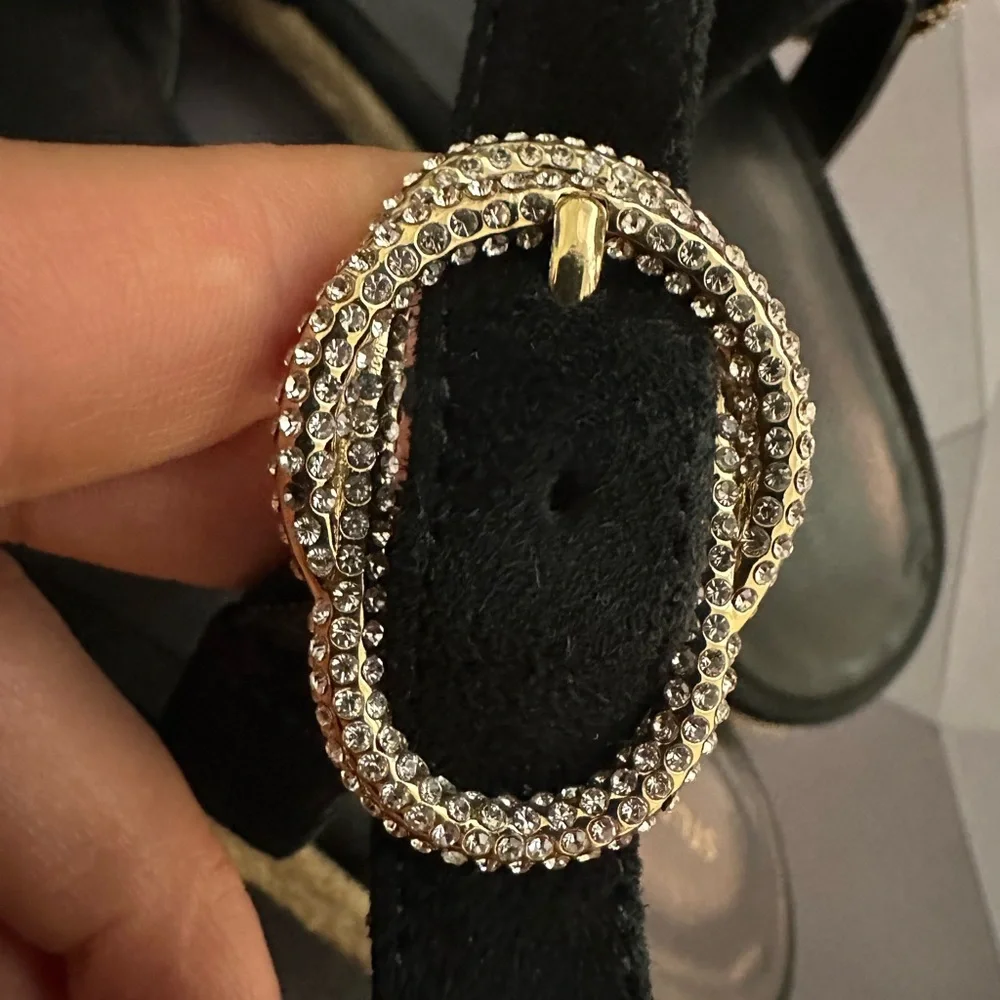 Stuart Weitzman Black Espadrille Slides with Crystals Buckle
